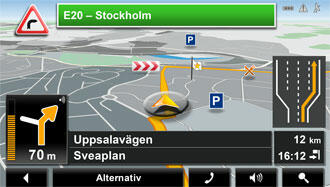 Navigatorn med landmärken och kurvvarning
