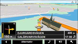 Navigatorn med landmärken och kurvvarning