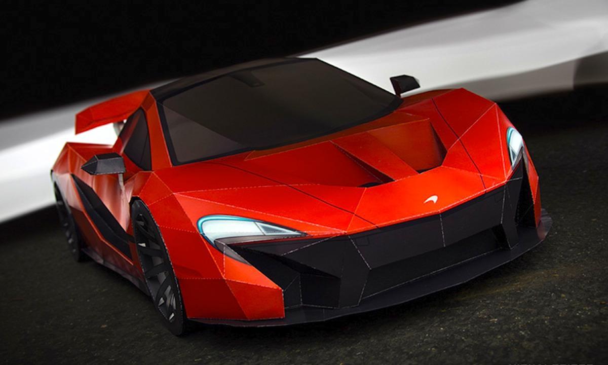 En röd sportbil i en mörk parkeringsplats. (AI text)