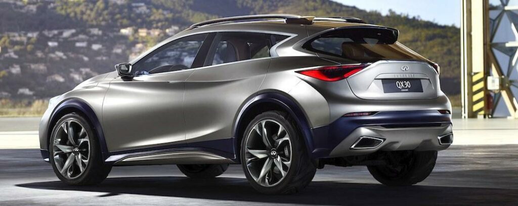 Infiniti QX30 ska få fyrhjulsdrift med Haldex-koppling, som tillval, konceptbilen har 21-tumshjul.