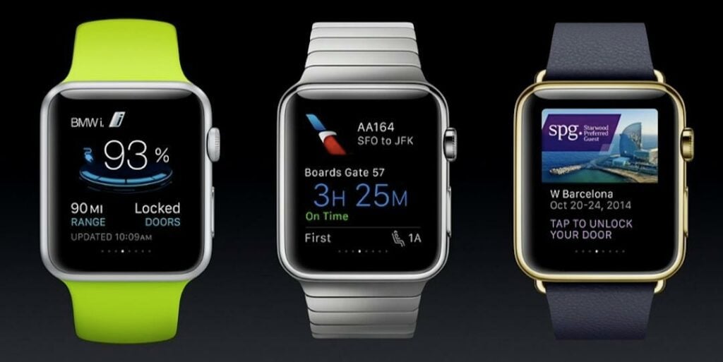 Mycket av det som finns i iPhone går att se och styra via Apple Watch. Den gula klockan till vänster visar BMW-appen för i3.