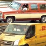 En DHL-fraktbil och en DHL-lastbil på en spårväg. (AI text)