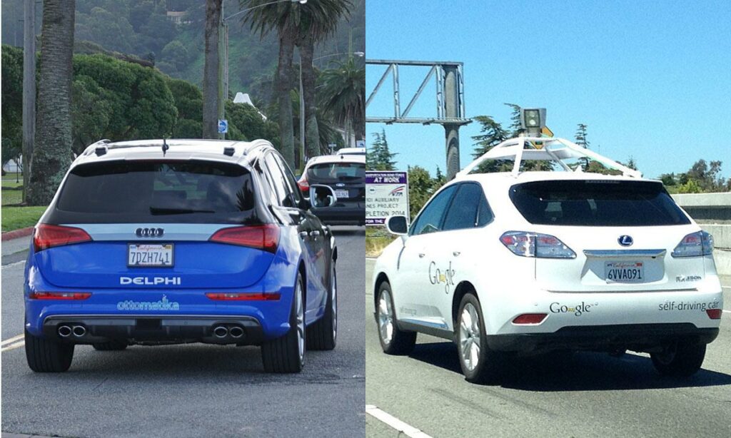 En bil kör ner på vägen med en person i förarsätet. (AI text)