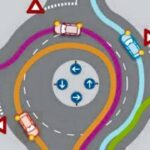 En trafikcirkel med ett rött ljus och ett gult ljus. (AI text)