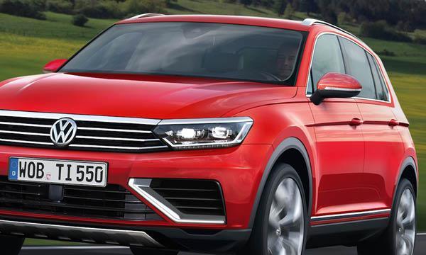Volkswagen Tiguan kör nerför vägen. (AI text)
