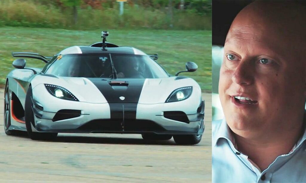Person kör en Koenigsegg Jesko supersportbil. (AI text)