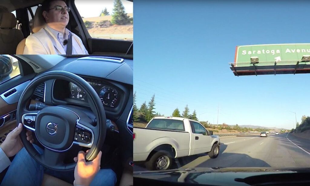 En kvinna kör en bil på en motorväg. (AI text)