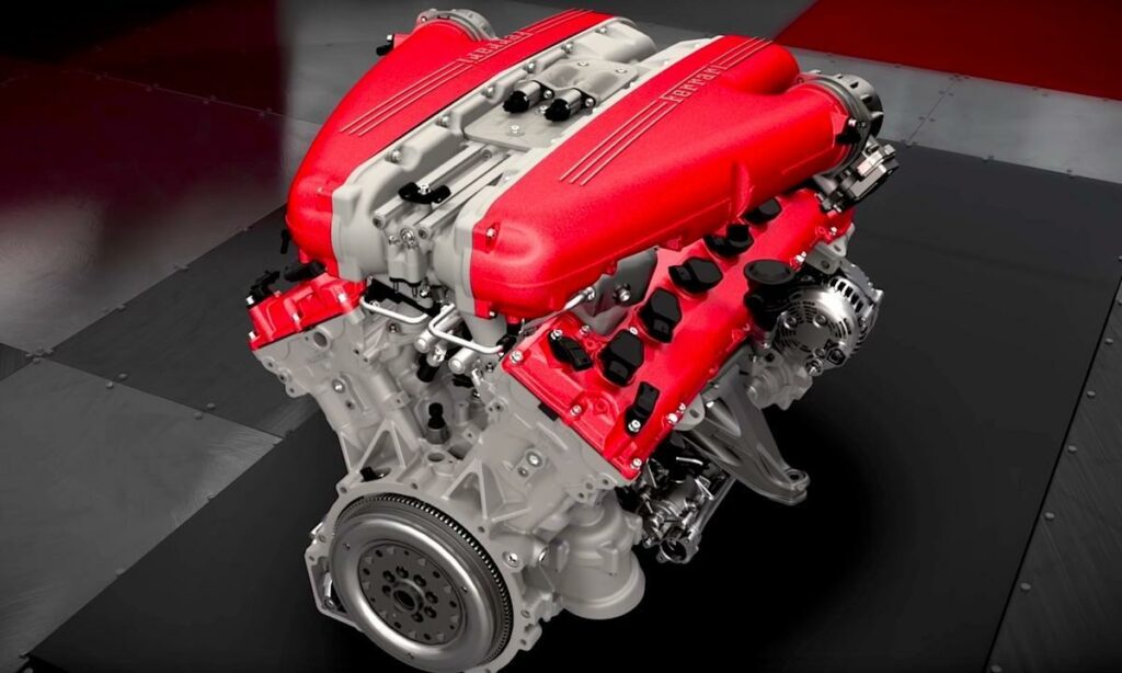 En röd motor i en bil. (AI text)