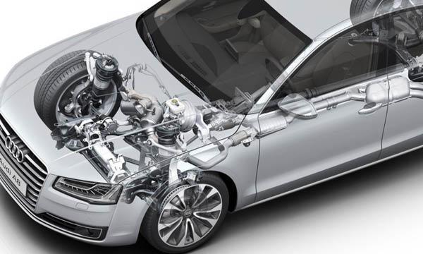 Audi A8 är en hybriddesign med en hybridmotor. (AI text)