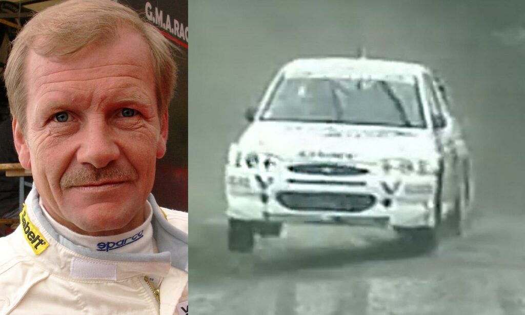 En man i ett vit skjort och en bil i bakgrunden (AI text)