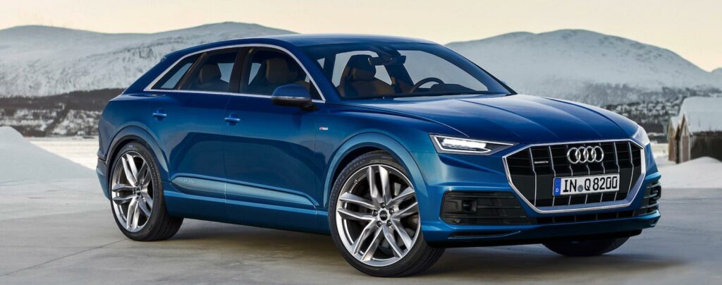 Audi Q8 blir märkets nya toppmodell och kommer också som laddhybrid, där lågt placerade batterier ska hålla tyngdpunkten nere. Bilen får också aktiv momentstyrning som skickar ut rätt mängd kraft från elmotorerna till rätt hjul. En läcker designdetalj är fönsterrutorna som blir ramlösa. Illustration: Schulte Design