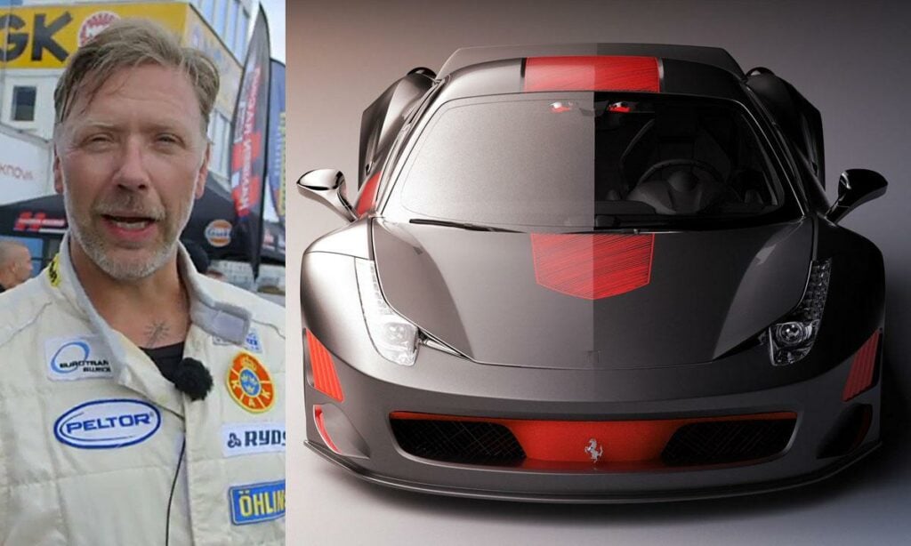 En man och en kvinna står bredvid en bil. (AI text)