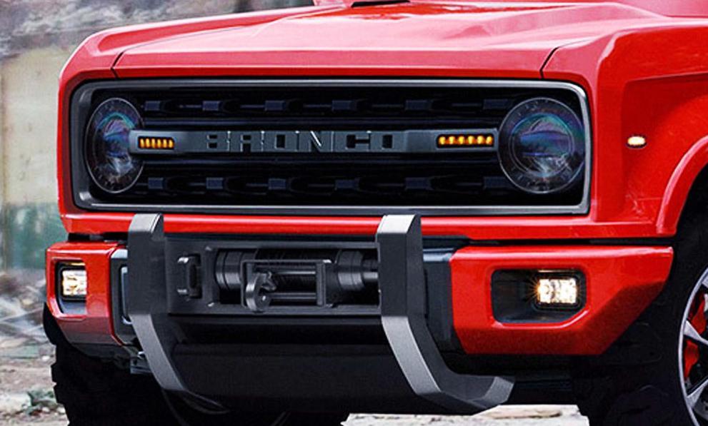 2020 Ford Bronco är en lastbil med en ljusbrun kaross och ett svart grille. (AI text)