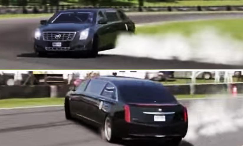 En Cadillac Escalade krockar frontalt med en annan Cadillac Escalade på en racerbana. (AI text)