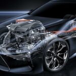 Lexus LC 450h hybrid sportsbil visas i en mörk lokal. (AI text)