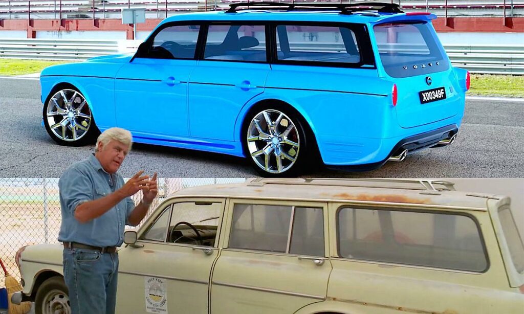 En man står bredvid en blå bil och en annan man står bredvid en annan blå bil. (AI text)