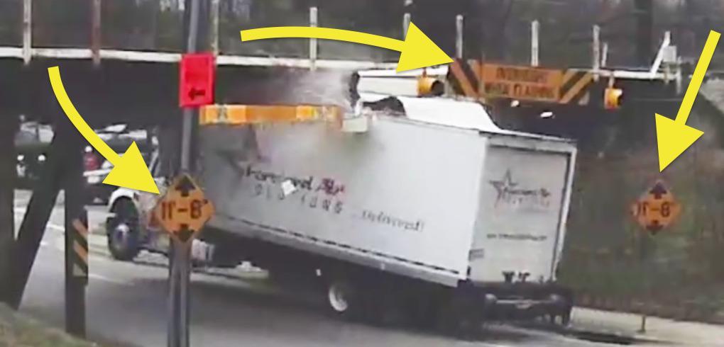 Höjden på bron, 11 fot och 8 tum, finns angiven på flera skyltar. Men det hjälper inte...