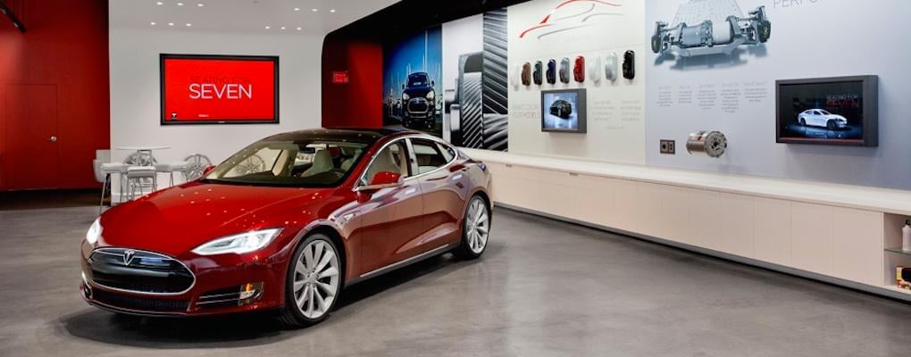 Tesla Model S i en showroom. (AI text)