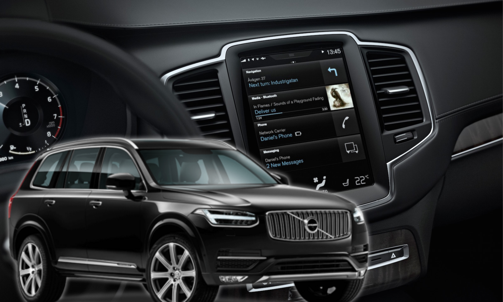 Volvo XC90-terrängbilen visas i bilens inredning. (AI text)