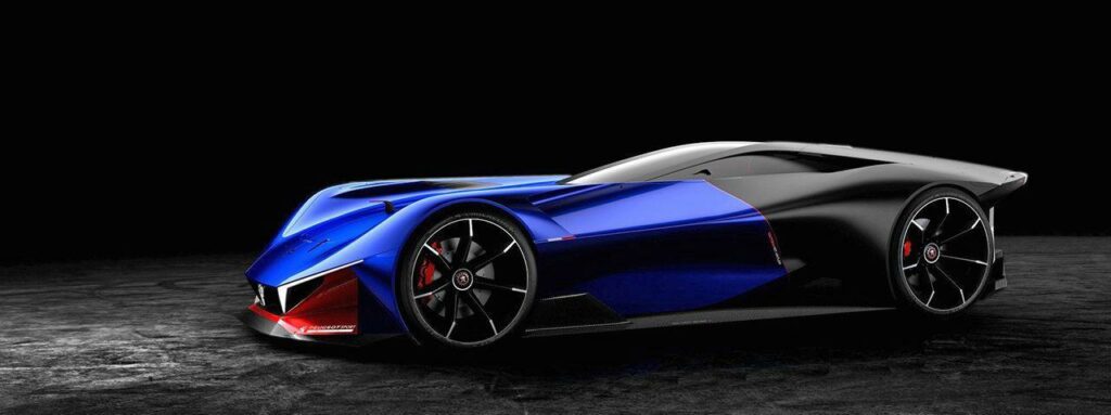 En framtidens bil i en mörk rum. (AI text)