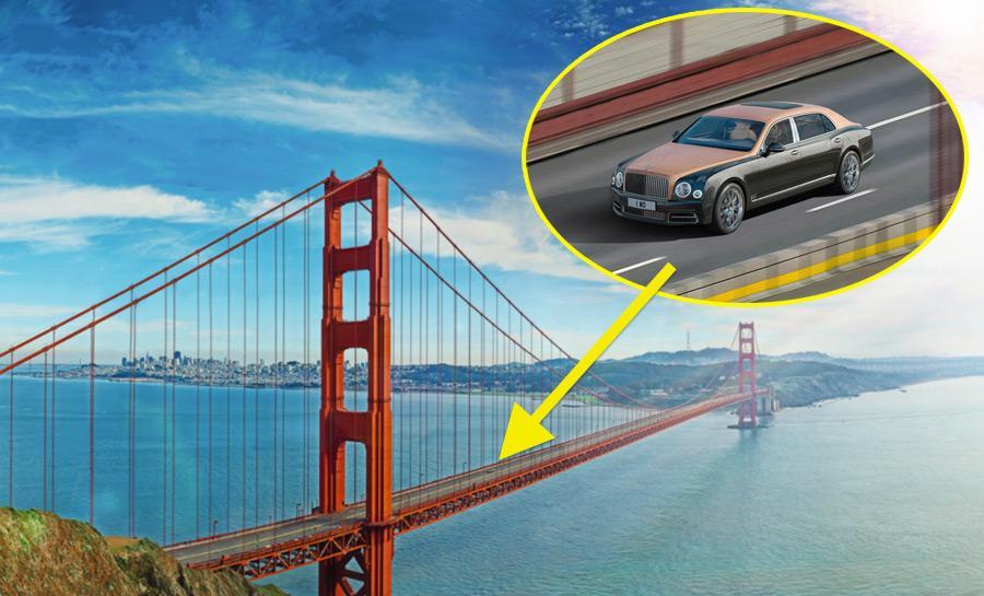 En bil kör över Golden Gate-bron. (AI text)