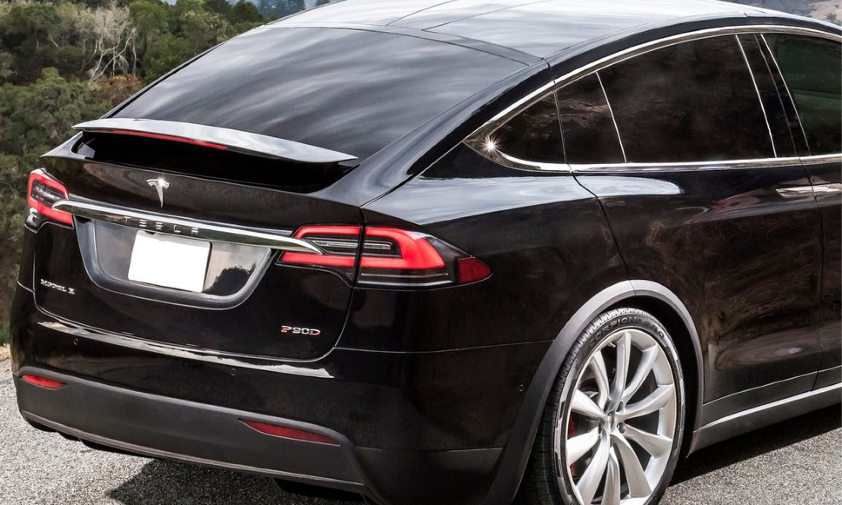 En svart Tesla Model X SUV parkerad vid vägkanten. (AI text)