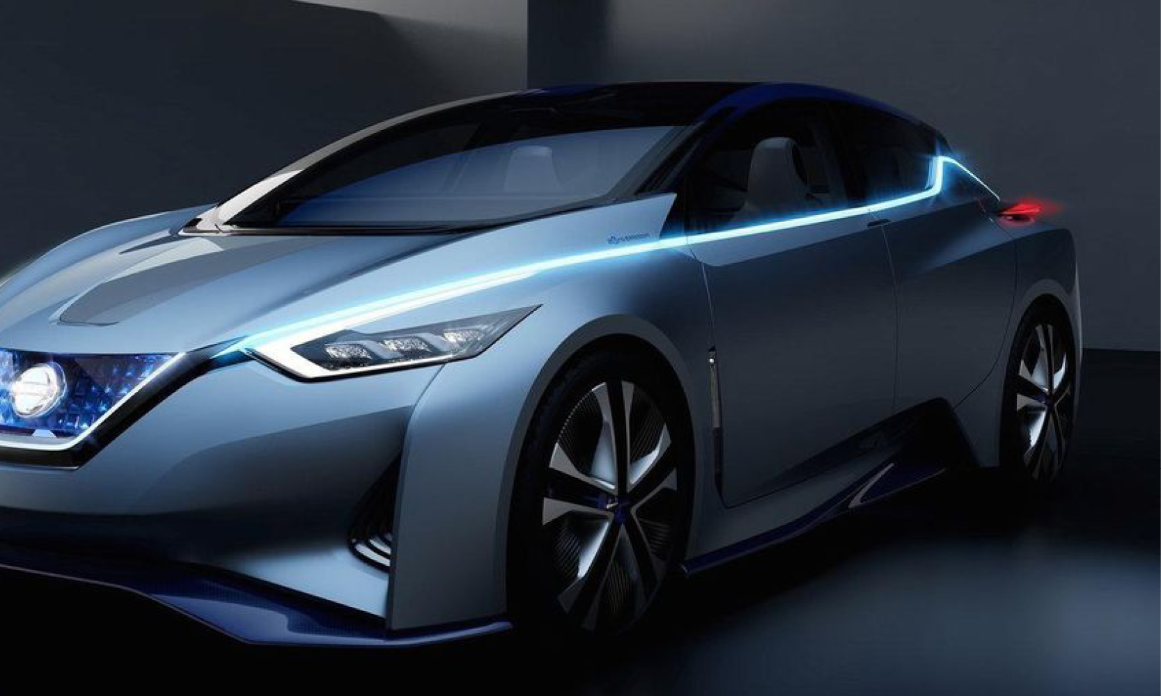 Nissan-konceptbilen visas i en mörk rum. (AI text)