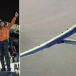 En solpaneldriven flygplan flyger över en öken. (AI text)