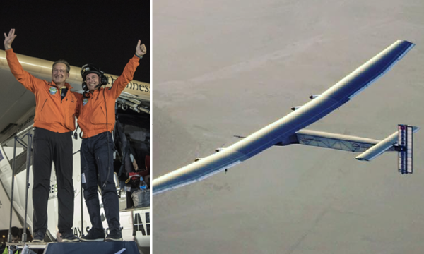 En solpaneldriven flygplan flyger över en öken. (AI text)