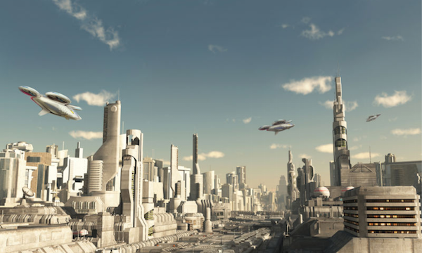 En framtida stad med framtida bilar och framtida byggnader (AI text)