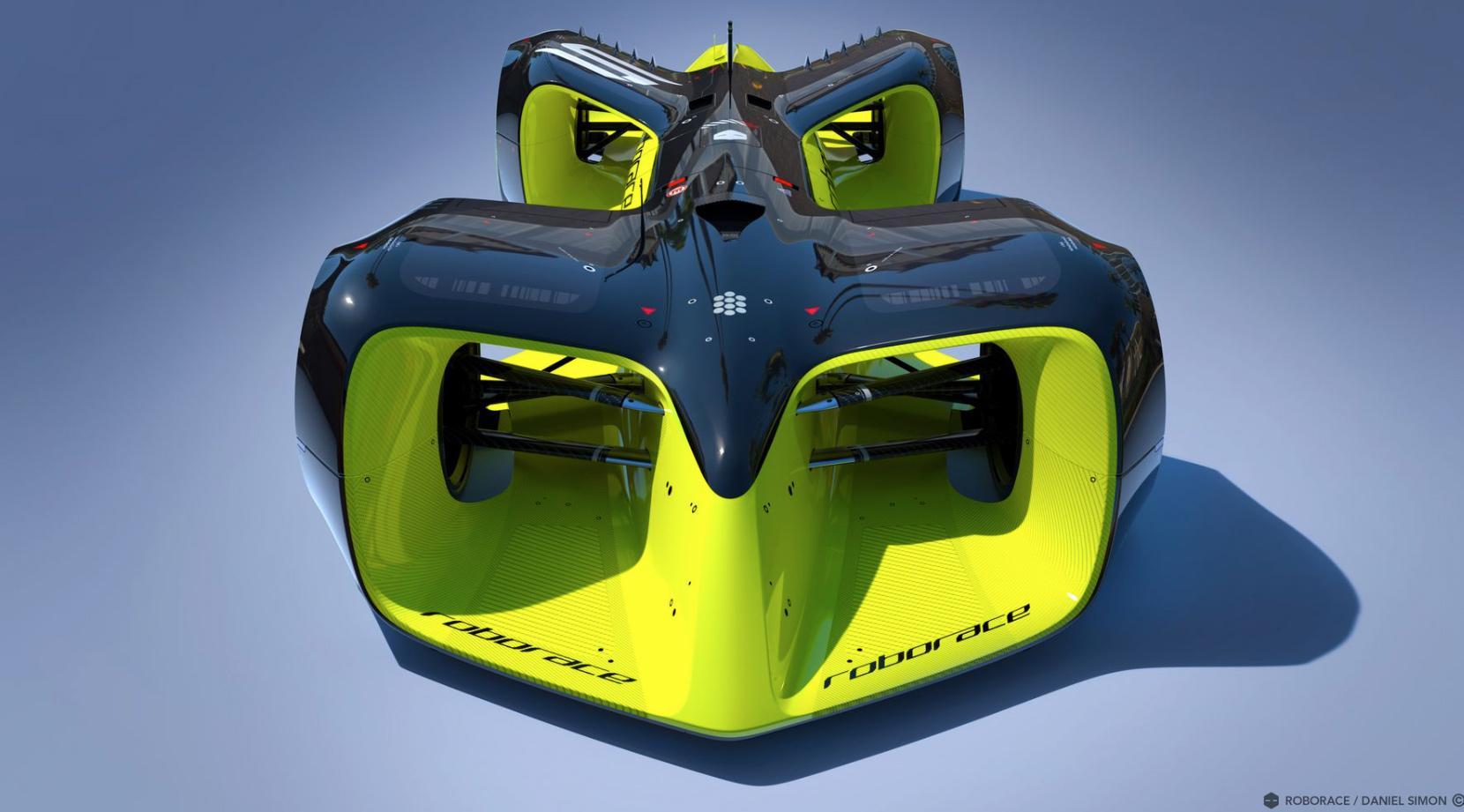 Så här ska den se ut - "formelbilen" som ska tävla i Roborace. Stora ytor för sponsorer och sensorer. FOTO: Roborace