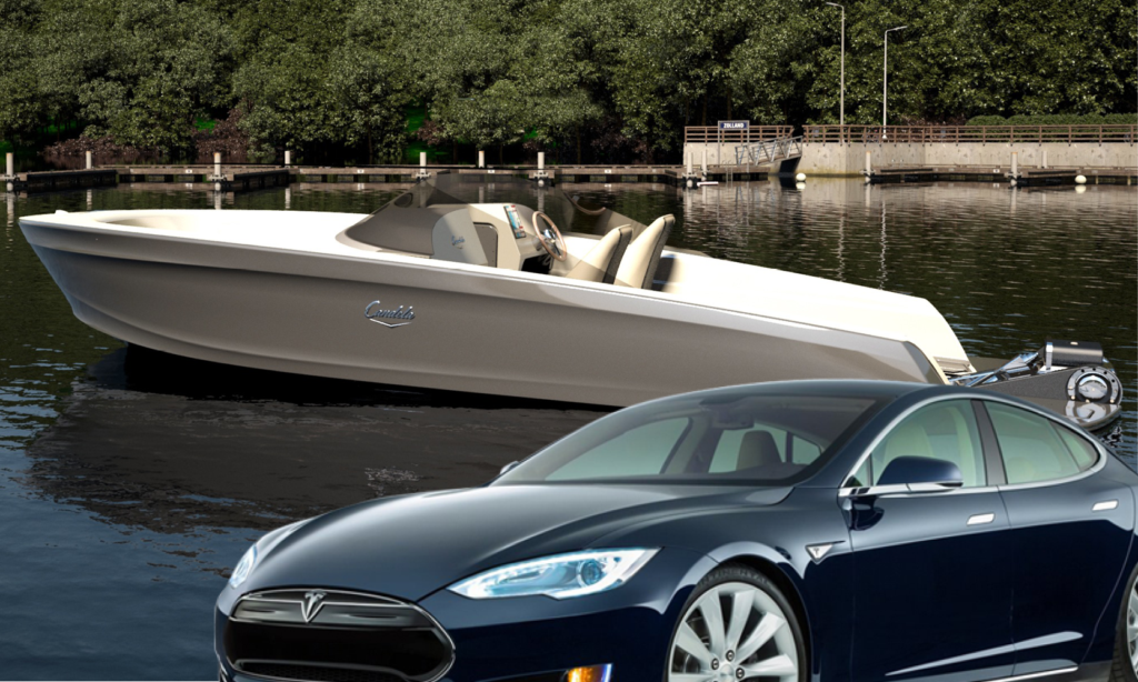 Tesla Model S och en båt på sjön (AI text)
