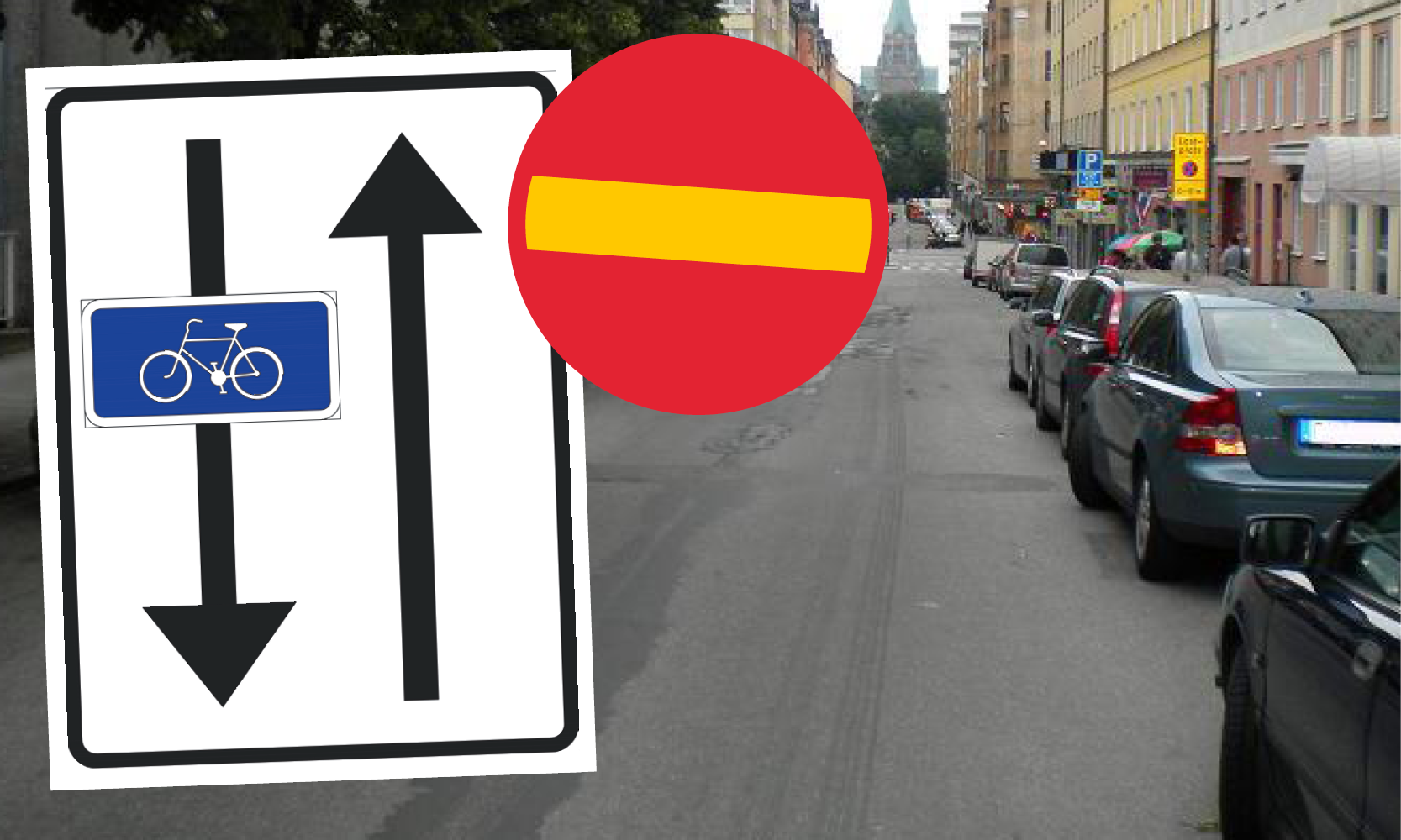 En bil är parkerad på en gata, bredvid den står ett cykel parkerat. (AI text)