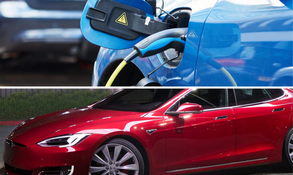 En Tesla Model S laddar på en laddstation. (AI text)