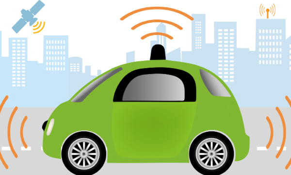 En grön bil med en trådlös antenn på vägen (AI text)