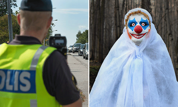 En polisklädd som en clown och en clown klädd som en polis. (AI text)