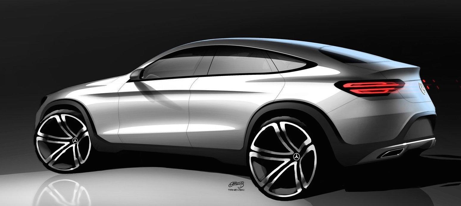 Bilden visar en designskiss på Mercedes GLC Coupé, men en del designdetaljer följer med till kommande elsuven EQC, som visas upp inom kort.