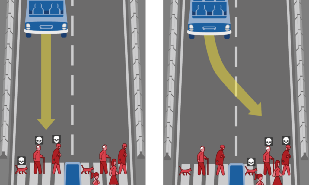 En person överför gatan medan en bil är i bakgrunden. (AI text)