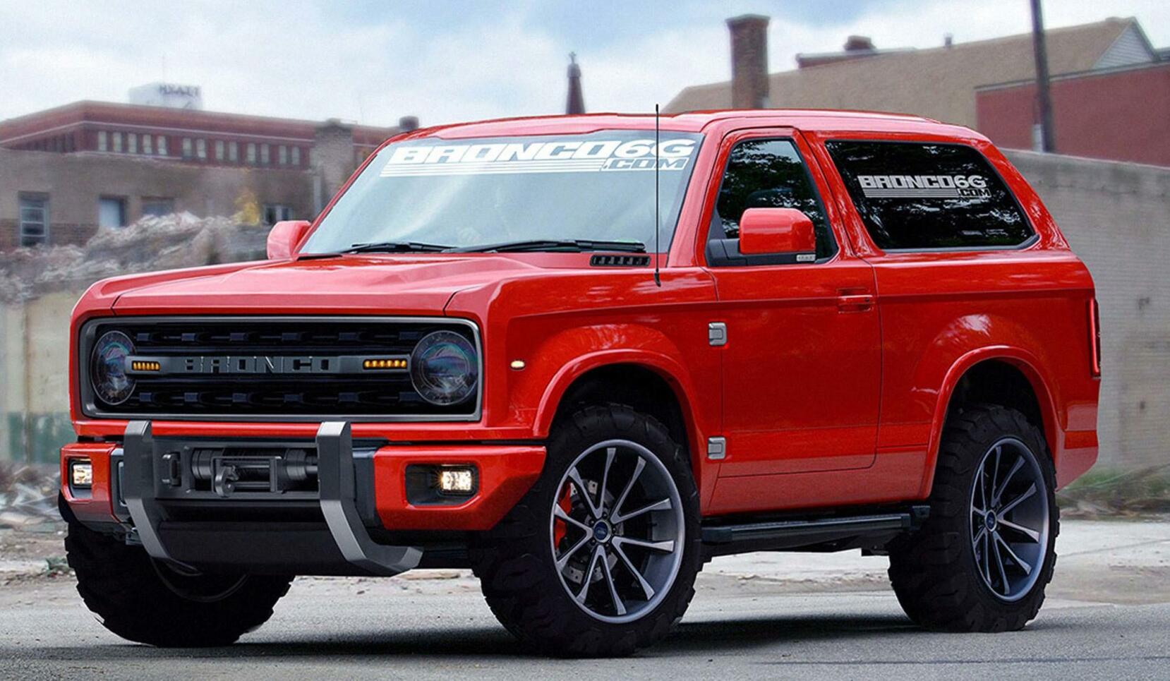 En röd Ford Bronco parkerad i en parkeringsplats. (AI text)