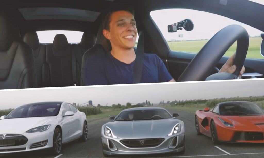 En man kör en Tesla Model S och en Tesla Model X. (AI text)