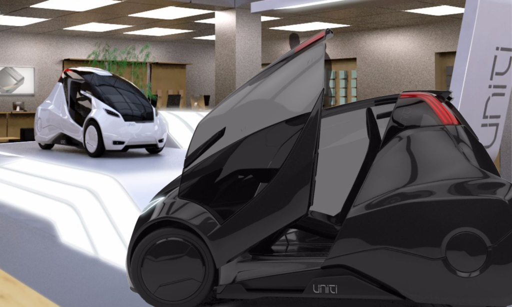 En framtidens bil i en utställningslokal. (AI text)