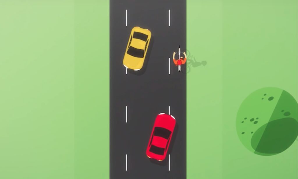 En bil kör på vägen med en cyklare i bakgrunden. (AI text)