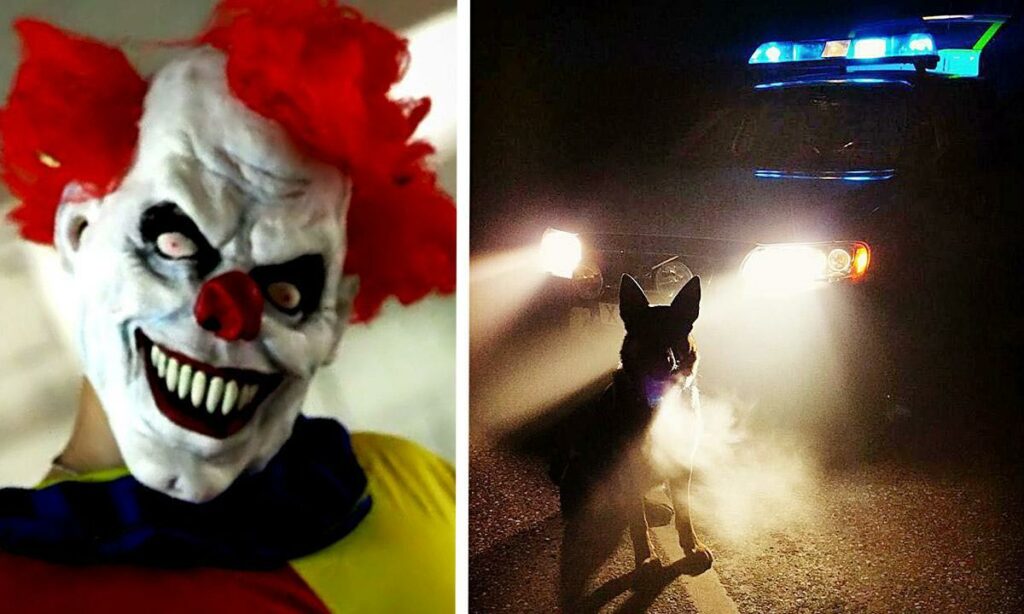 En clown klädd som en polis och en clown klädd som en clown. (AI text)
