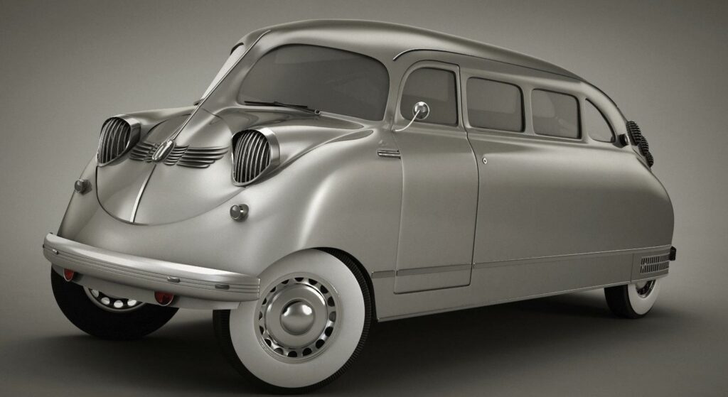 En silverfärgad bil med ett vitt hull. (AI text)