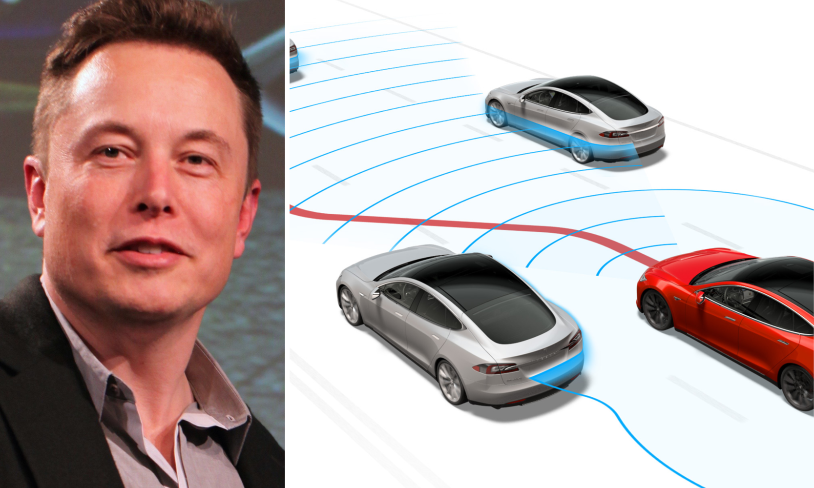 Tesla Model S och Tesla Model X framför en bil med Tesla-logotyp. (AI text)