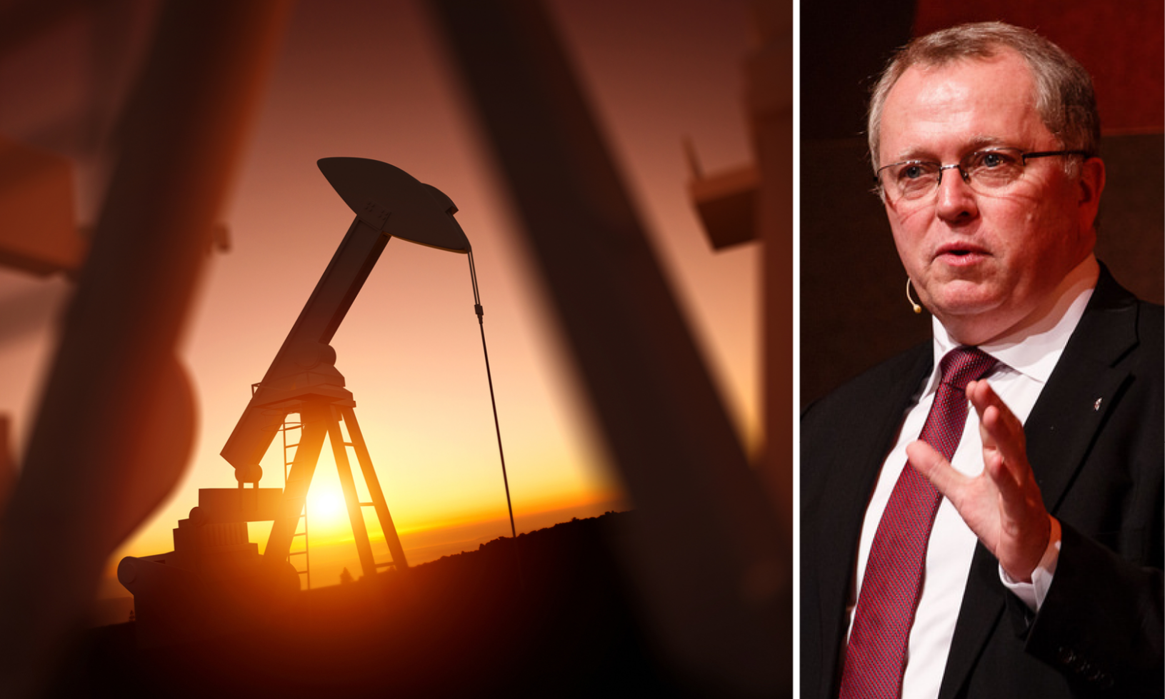 En man står framför en oljepump. (AI text)