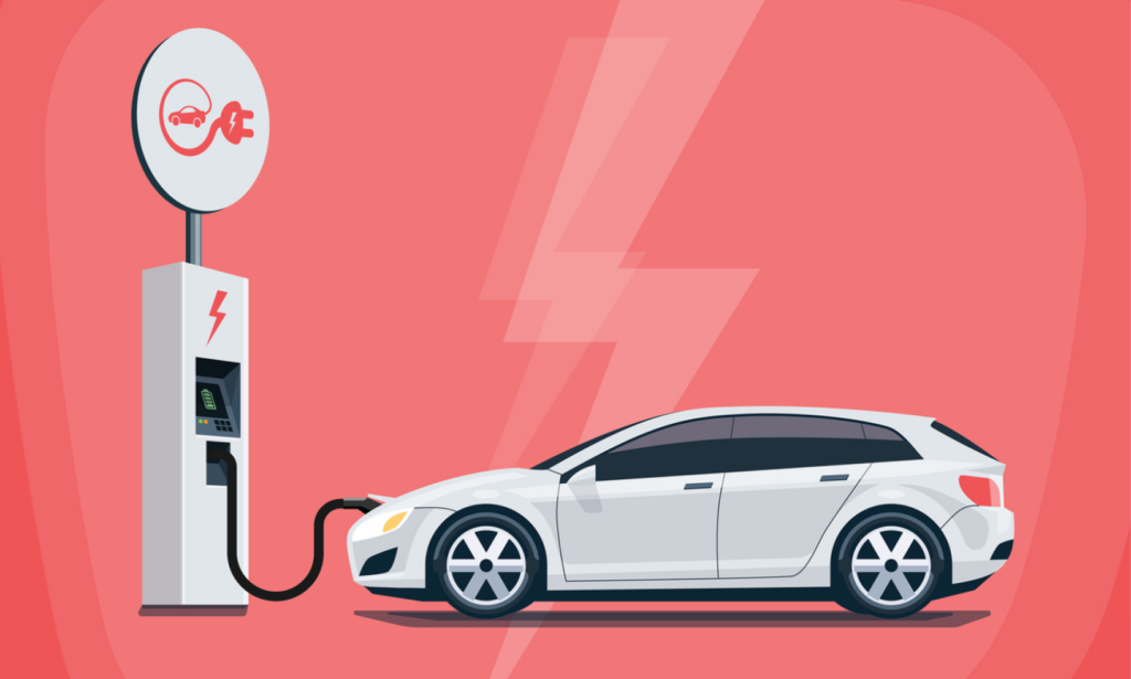 En bil laddar på en elstation. (AI text)