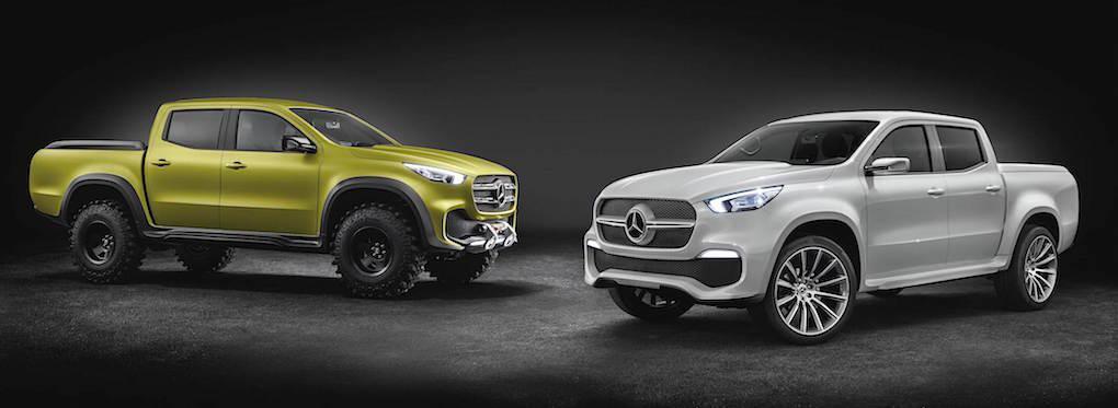 Två varianter av Mercedes X-klass visas upp, urbana ”Stylish Explorer” (till höger) och skogsmullen ”Powerful Adventurer”.