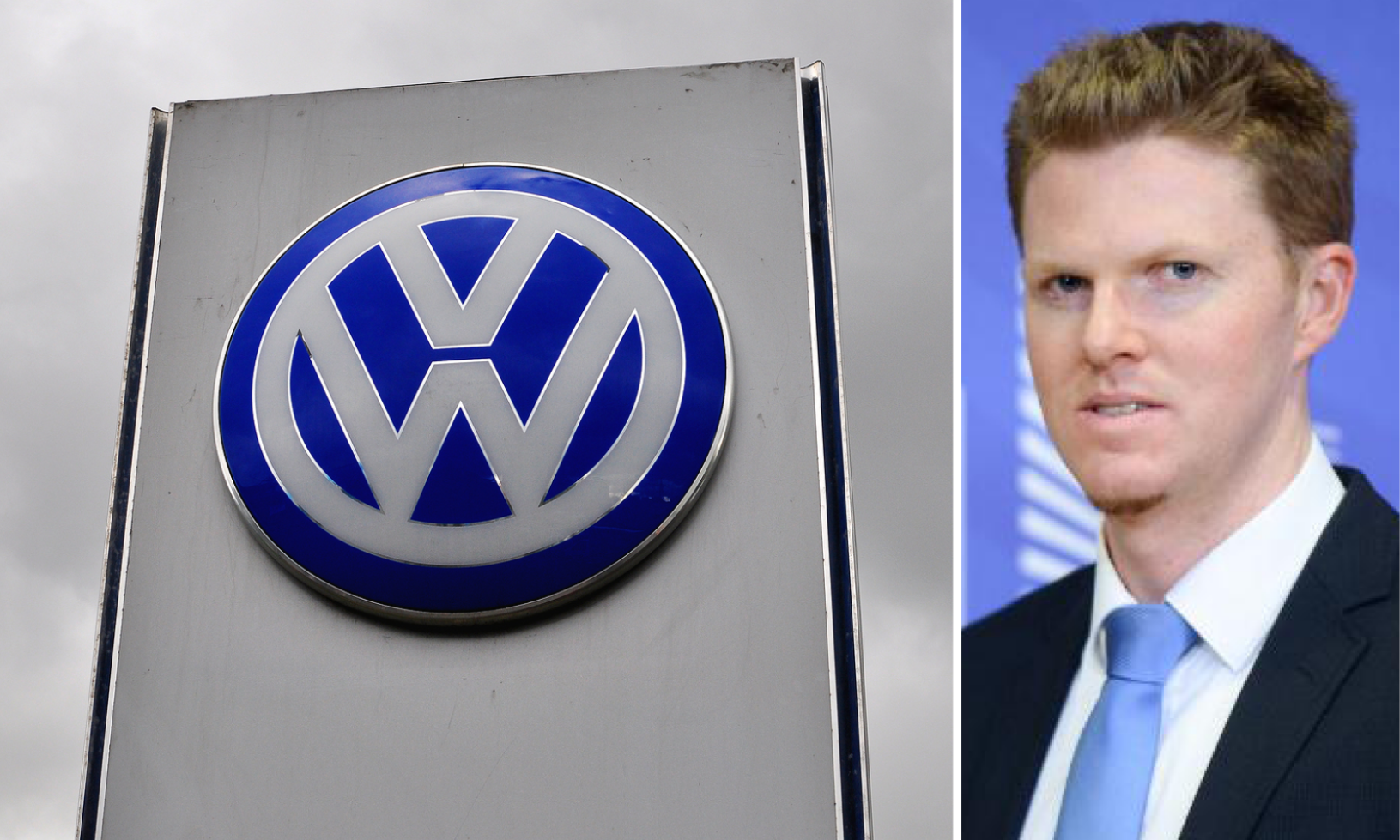 En man i kostym och slips står bredvid en Volkswagen-logotyp. (AI text)