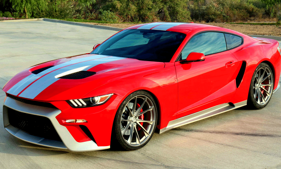 En röd Ford Mustang GT parkerad i en uppfart. (AI text)